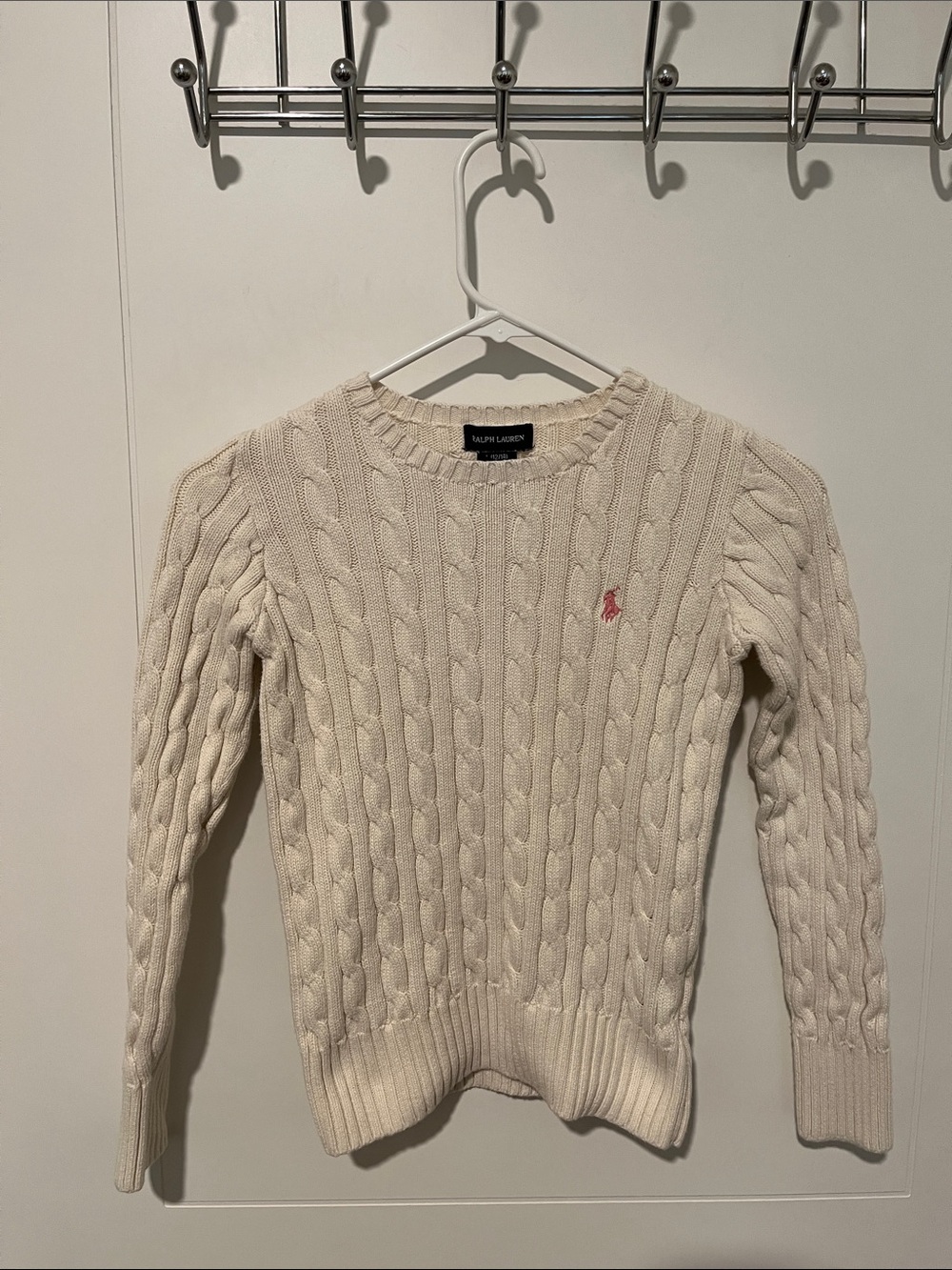 Ralph Lauren Off White Cable Knit Pink Pony Youth Sweater Classic Preppy